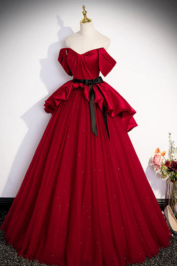 Wholesale Burgundy Satin Tulle Long Prom Dress Off Shoulder Evening Dress